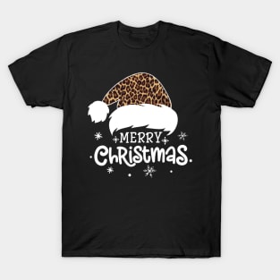 Merry Christmas Leopard Print Santa Hat Xmas Holiday T-Shirt